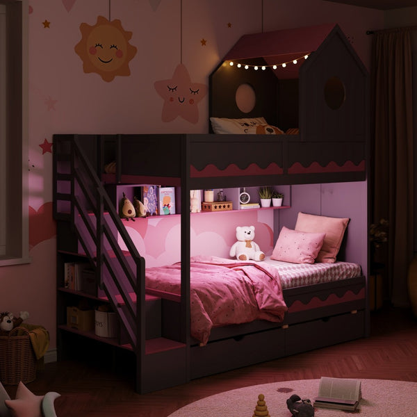 English Elm Twin Over Kids Bunk Bed with Castle Roofline Led Lights and Staircase Storage Gray N820S00068E