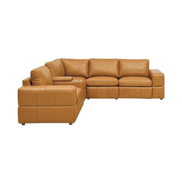 English Elm Premium Leather Match Sectional with Dual Recliners Cup Holders and Storage Console Ginger B2748S00151