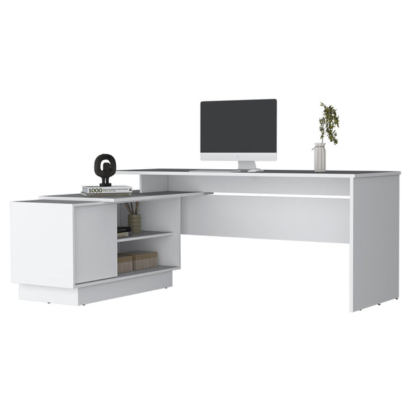 English Elm Weir L-Shaped Desk in Melamine White with Storage Cabinet & Shelves for Modern Compact Offices B128S00014