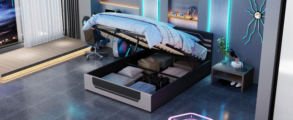English Elm Modern Cyberpunk Queen Platform Bed Hydraulic Storage Pu Upholstered Gaming Frame Black+ Gray SF000205AAE