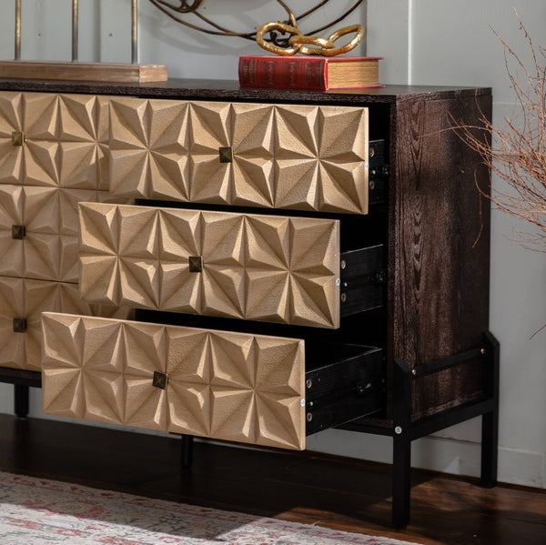 English Elm Solid Wood Sideboard With Geometric Design - 6 Drawer Mid Century Modern Storage Cabinet For Home Decor W3158P351692-GIGA