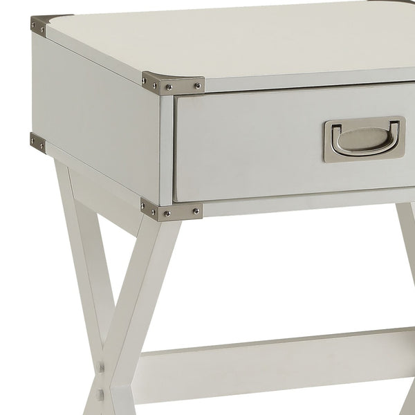 English Elm Babs Industrial Accent Table with X Base Metal Hardware and Single Storage Drawer White B2726P270997