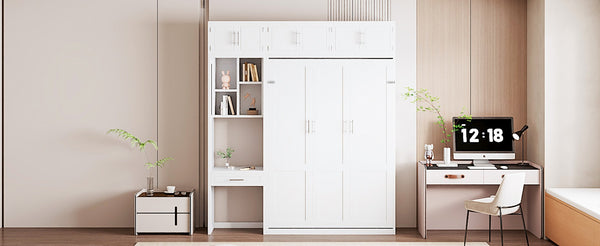 English Elm Full Size Murphy Wall Bed with Fold Away Desk Cabinet and Shelves for Small Spaces N708S00020K-1