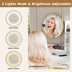 English Elm Makeup Vanity Table with LED Lights, Built-In Outlet & USB, Large Drawers, Hair Dryer Stand White W509P297014