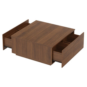 English Elm 33.25" Square Storage Coffee Table Four Drawer Matte Mdf Living Room Centerpiece Walnut N735P422508D