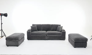 English Elm Corduroy Upholstered Chaise Lounge Sofa with Movable Ottoman, Cup Holder, Deep Seat Comfort Grey W2120S00007