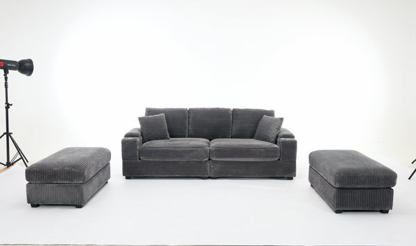 English Elm Corduroy Upholstered Chaise Lounge Sofa with Movable Ottoman, Cup Holder, Deep Seat Comfort Grey W2120S00007