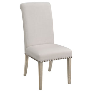 English Elm Rustic Honey Pine Pedestal Round Dining Set Seats Four with Nailhead Chair Trim B062S01830