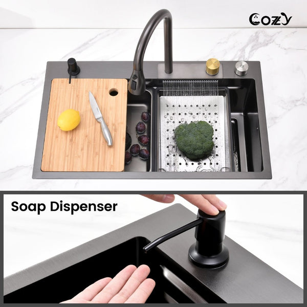 English Elm Waterfall Pull-out Faucet Workstation Sink Matte Black 304 Stainless Steel Prep Basin T3177P286040
