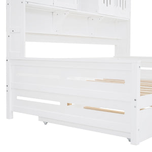 English Elm Full Size Wooden Daybed With Twin Trundle, Integrated Storage Cabinet & Stylish White Finish N820S00027K