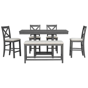English Elm U_style Rubberwood Farmhouse Bar Table Set Expandable Crossback Chairs Bench Seating Grey WY000534AAE