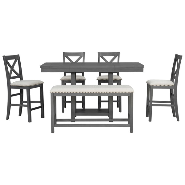 English Elm U_style Rubberwood Farmhouse Bar Table Set Expandable Crossback Chairs Bench Seating Grey WY000534AAE