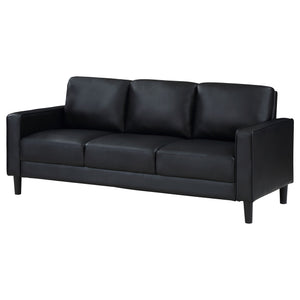 English Elm Farallone Faux Leather Track Arm Sofa with Tapered Legs, Sleek Modern Profile and Smooth Cushions for Compact Living Spaces Black B062P354049
