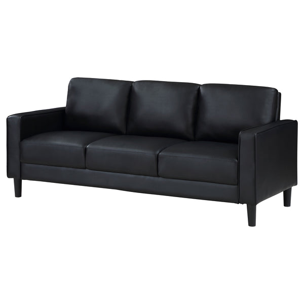 English Elm Farallone Faux Leather Track Arm Sofa with Tapered Legs, Sleek Modern Profile and Smooth Cushions for Compact Living Spaces Black B062P354049