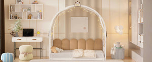 English Elm Twin Pinewood Ground-Level Canopy Bed with Arched Roof and Trundle for Kids—Whimsical, Sturdy Design White N820P181648K