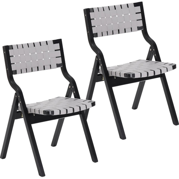 English Elm Wood Folding Dining Chairs Woven Rattan Seat Webbing Back Teak Finish Set of 2 T3623P431374