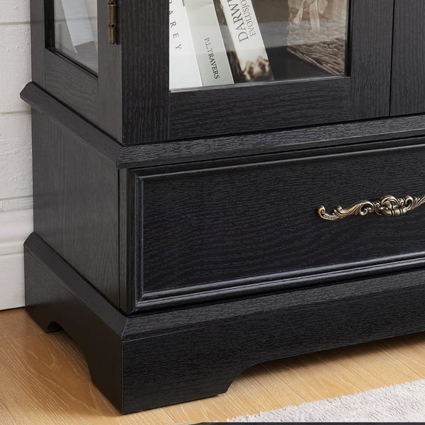 English Elm Lighted Curio Cabinet With Adjustable Shelves & Built-In Drawer - Elegant Display With Lighting, Black W1758P297549