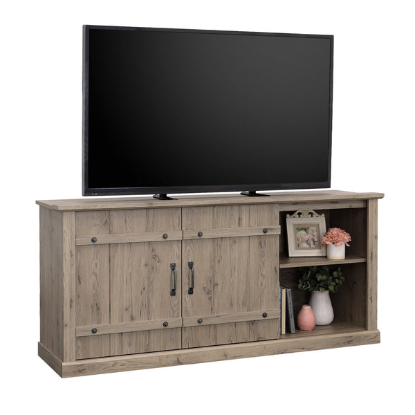 English Elm Credenza, Rustic 70" TV Stand with Sliding Barn Doors, Adjustable Shelves, Cord Management, 62" Plain Light Oak B356P354410