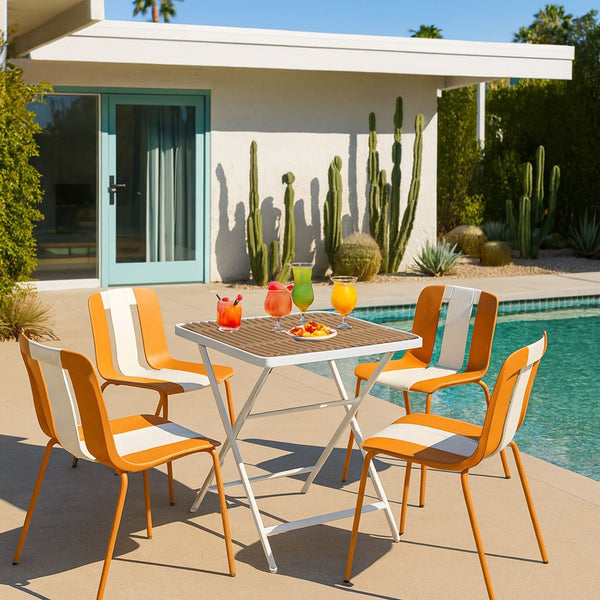 English Elm 4-Pack Modern Striped Color Block Chairs with 55" Long Table — Waterproof PP Seats, Rustproof Metal Frame Beige,khaki,Tropical Orange,White W3450S00042