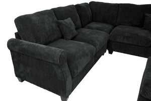 English Elm 4pc Corduroy Sectional Sofa Set with Ottoman Corner Wedge and Low-profile Modern Legs Black B011S02225