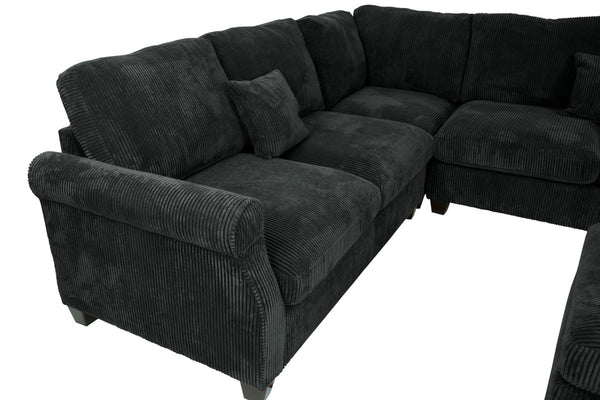 English Elm 4pc Corduroy Sectional Sofa Set with Ottoman Corner Wedge and Low-profile Modern Legs Black B011S02225