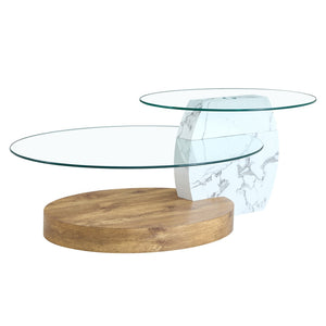 English Elm Contemporary Dual Tier Oval Glass Coffee Table with Marble and Wood Tone Base W1151P233589