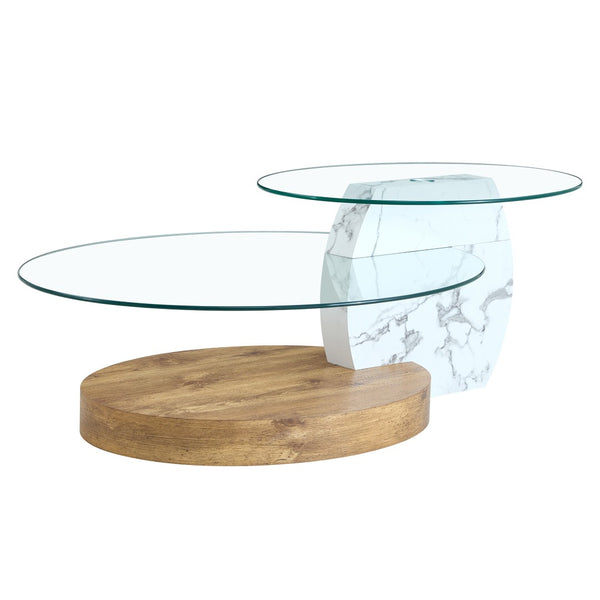 English Elm Contemporary Dual Tier Oval Glass Coffee Table with Marble and Wood Tone Base W1151P233589