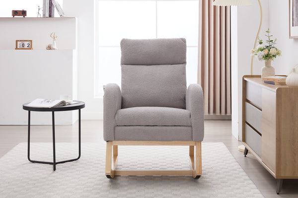 English Elm 015B-Teddy Rocking Chair with Plush Teddy Fabric, Ergonomic High Back, Adjustable Footstool, Pocket Light Gray W527P360696