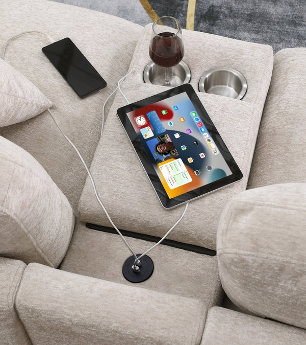 English Elm Chiara Chenille Sectional Sofa with Chaise Cupholders Usb Charging Ports Living Room Beige B2749S00237