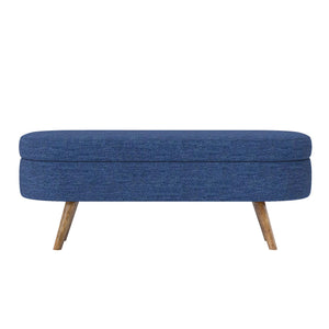 English Elm Ottoman Oval Storage Bench with Linen Upholstery & Rubber Wood Legs, Blue Accent, 43.5"x16"x16" W487P220594