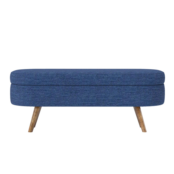 English Elm Ottoman Oval Storage Bench with Linen Upholstery & Rubber Wood Legs, Blue Accent, 43.5"x16"x16" W487P220594