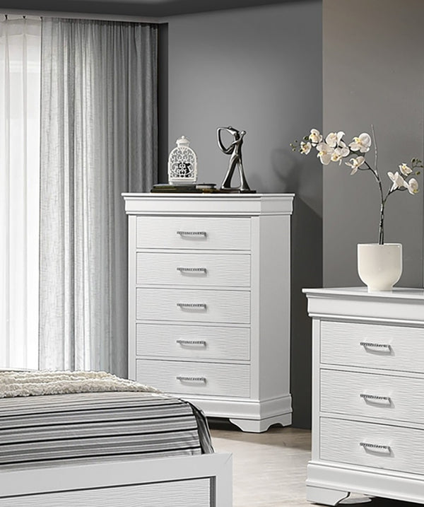 English Elm Luxury Crafted White Chest of Drawers 5-Drawer Solid Wood Accent with Diamond Handles, Spacious Storage Elegance B011P306184