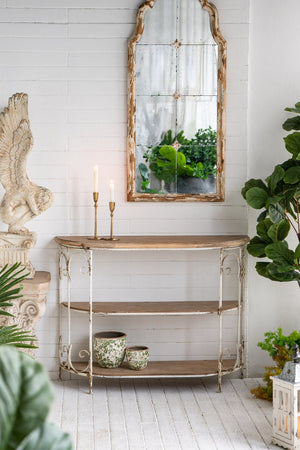English Elm 43.5x14x32" Three-Tiered White Wooden Shelving Unit with Ornate Iron Frame — Farmhouse Decor, Sturdy Display for Plants & Books W2078P201140