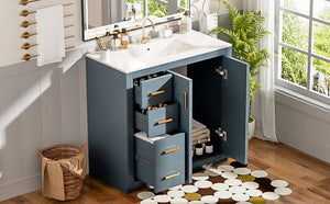 English Elm 36'' Bathroom Vanity with Ceramic Sink Combo, Solid Wood Frame, Soft-Close Drawers and Stylish Retro Groove Design Blue N710P291684C