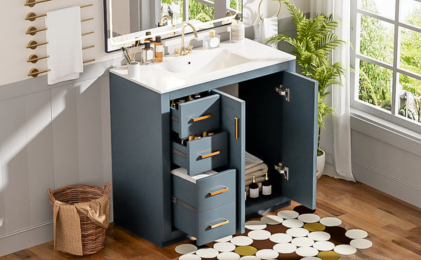 English Elm 36'' Bathroom Vanity with Ceramic Sink Combo, Solid Wood Frame, Soft-Close Drawers and Stylish Retro Groove Design Blue N710P291684C