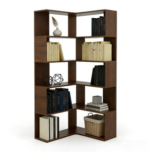English Elm 6 Tier Corner Bookcase Tall L Shaped Walnut Mdf Open Shelving Unit for Home Office W3204P442028