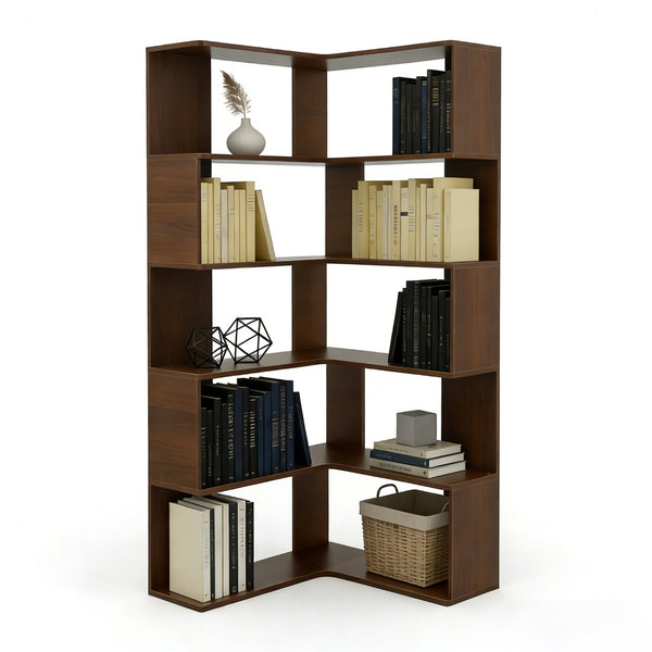 English Elm 6 Tier Corner Bookcase Tall L Shaped Walnut Mdf Open Shelving Unit for Home Office W3204P442028