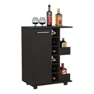 English Elm 32" Black Bar-Coffee Cart with Locking Casters, Shelves, Six Bottle Cubbies & Aluminum Front Panels B097133074