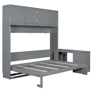 English Elm Queen Size Wall Murphy Bed With Desk, Storage Cabinets & Hydraulic Lift – Elegant Gray Design N820S10034E-GIGA