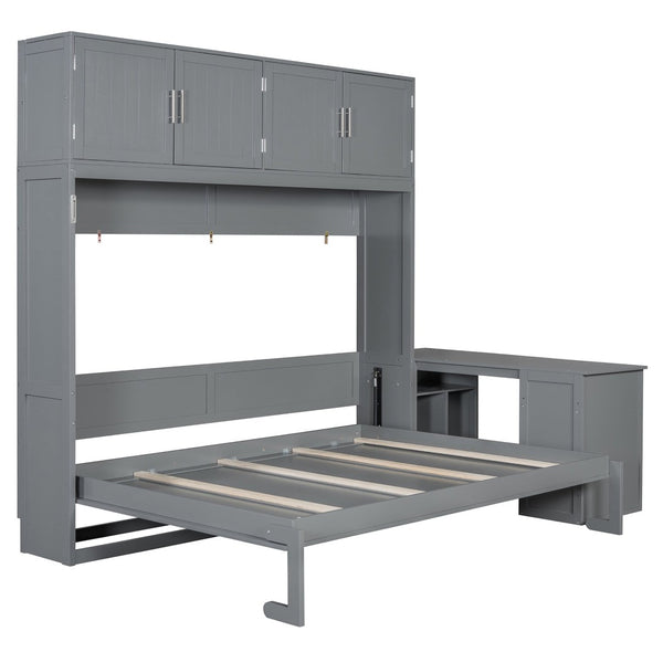 English Elm Queen Size Wall Murphy Bed With Desk, Storage Cabinets & Hydraulic Lift – Elegant Gray Design N820S10034E-GIGA