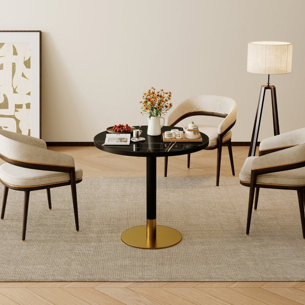 English Elm Round Tulip Bistro Table Faux Marble Top Gold Pedestal Base for Small Dining Spaces W3316P457300