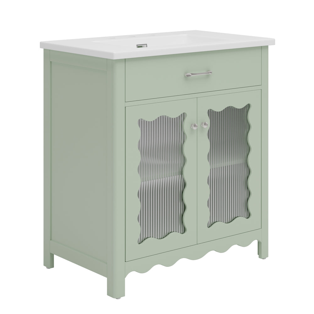 English Elm Christopher Knight Home® - 30 Inch Bathroom Vanity With Tempered Glass Doors, Soft-Close, Modern Green Cabinet & Ceramic Sink N817P299499G