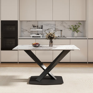 English Elm 55.12" Modern Artificial Stone Dining Table With Black Metal X-Leg Base For 6 - Stylish & Durable W1535S00539