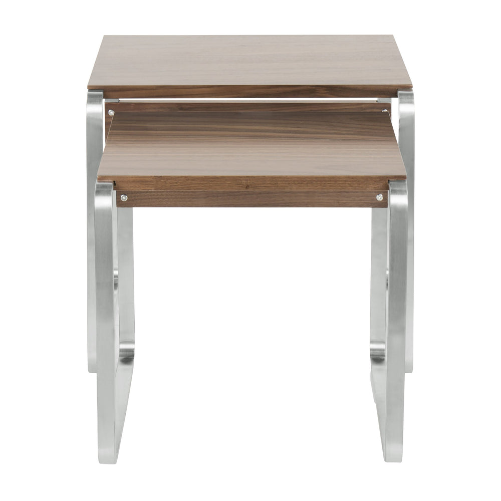 English Elm Tea Mid-Century Nesting Tables — Walnut Wood Tops with Stainless Steel Bases, Versatile 2‑Piece Set B202P223404