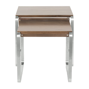 English Elm Tea Mid-Century Nesting Tables — Walnut Wood Tops with Stainless Steel Bases, Versatile 2‑Piece Set B202P223404