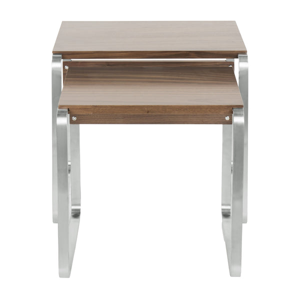 English Elm Tea Mid-Century Nesting Tables — Walnut Wood Tops with Stainless Steel Bases, Versatile 2‑Piece Set B202P223404