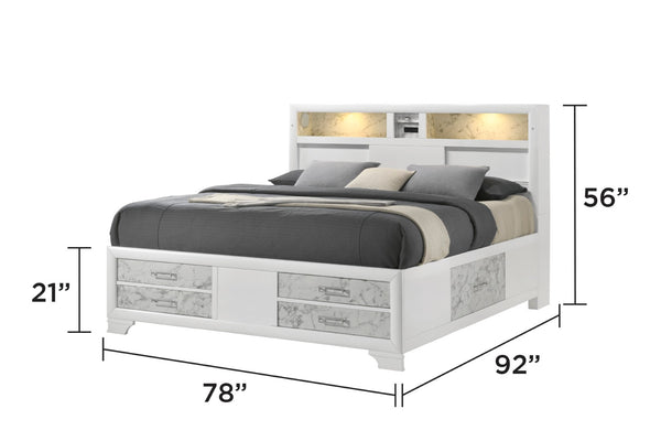English Elm Soul Modern 5Pc King Bedroom Set In White With Marble Accents, Usb Ports & Bluetooth Speakers B009S01611-GIGA
