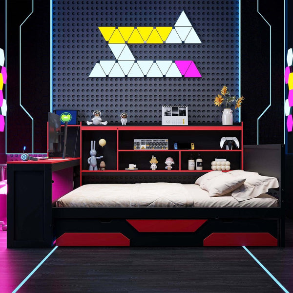 English Elm Queen Gaming Bed Frame with Desk Led Lighting Storage Drawers and Bookcase Headboard Black+Red LP000290AAJ