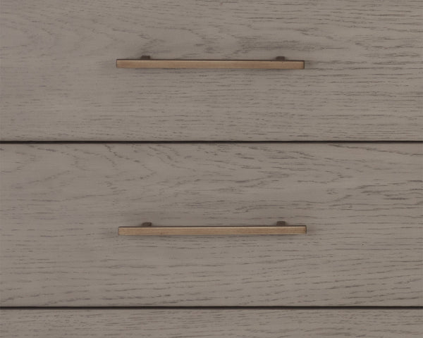 Sunpan Danette Dresser - Sleek Grey Oak Design with Warm Brass Accents & Open Shelf for Stylish Storage Solutions