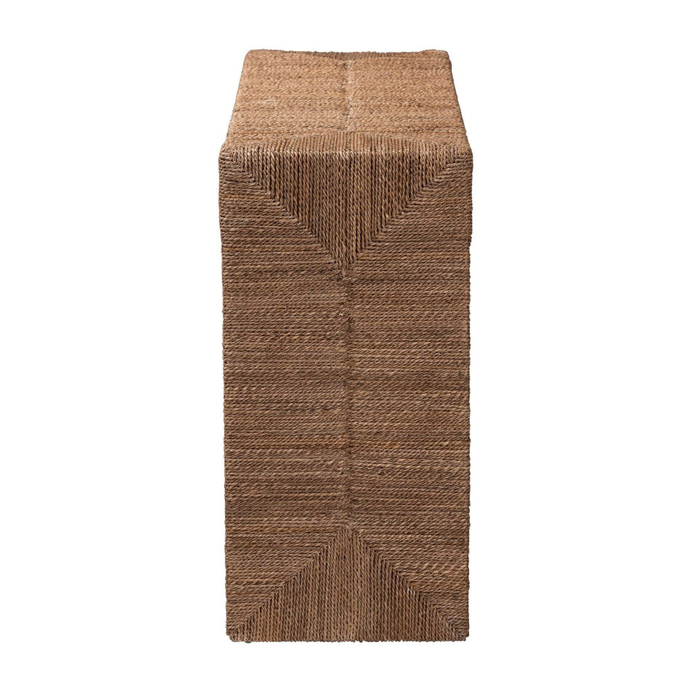 English Elm Bohemian Woven Seagrass Acacia Wood Console Table with Open Shelf for Entryway B2750P420413